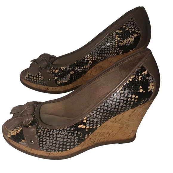SPERRY Top-Sider Sz 8 Womens Python Silverside Peep Toe Cork Platform Wedge Shoe - Picture 2 of 8